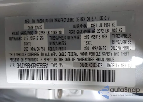 2024 Mazda Cx-30 2.5 S Select Sport z USA, uszkodzony, nr VIN 3MVDMBBM9RM638581